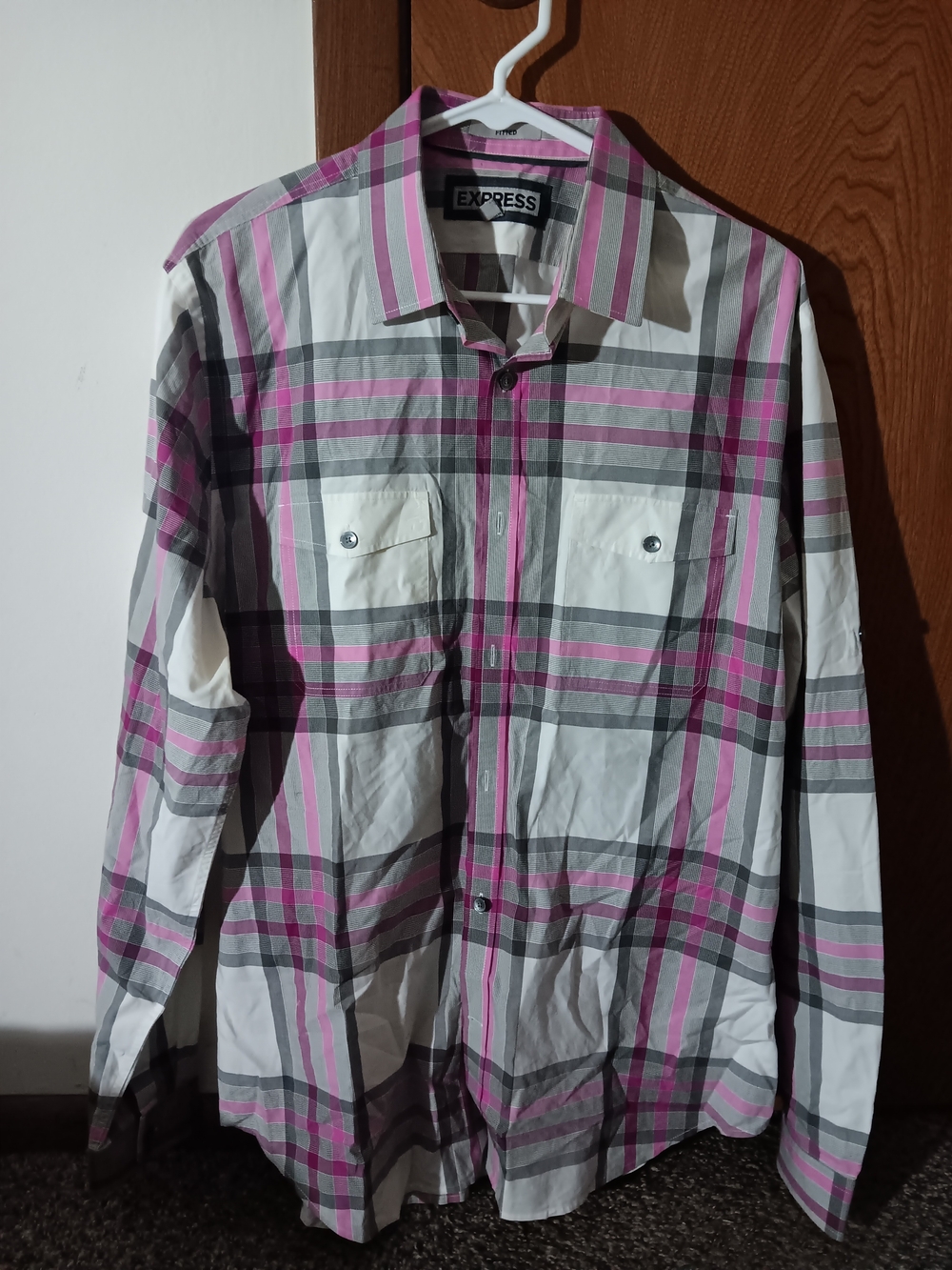 Express Men’s Pink, Gray & White Plaid Shirt Jacket